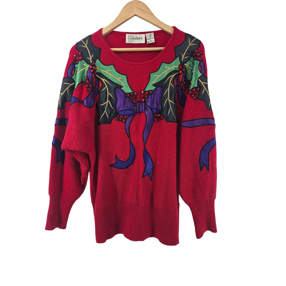 Cedars Sweater Womens M Wool Angora Christmas Holly Bow Red Beaded Vintage